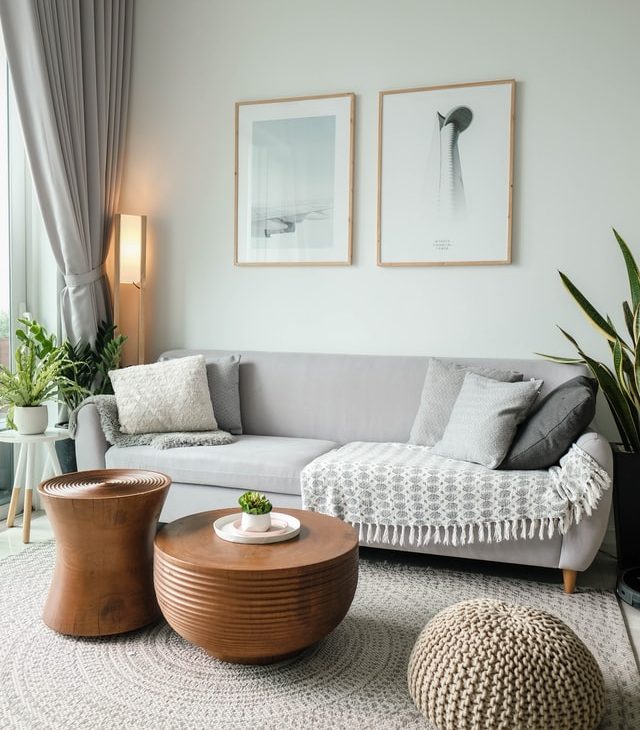 A photo of a clean sitting room with a slime free couch and clothesand