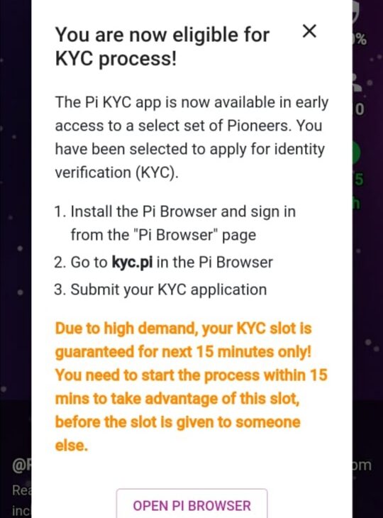A screenshot of Pi KYC verification eligibility message 